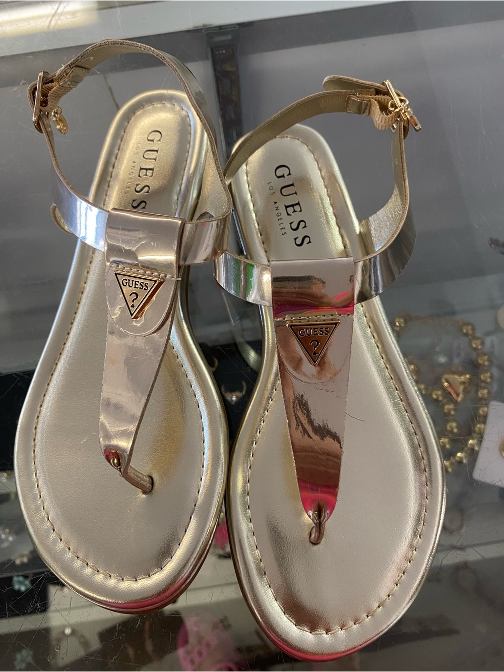 GUESS Rose Gold Metallic T-strap Sandals for Women